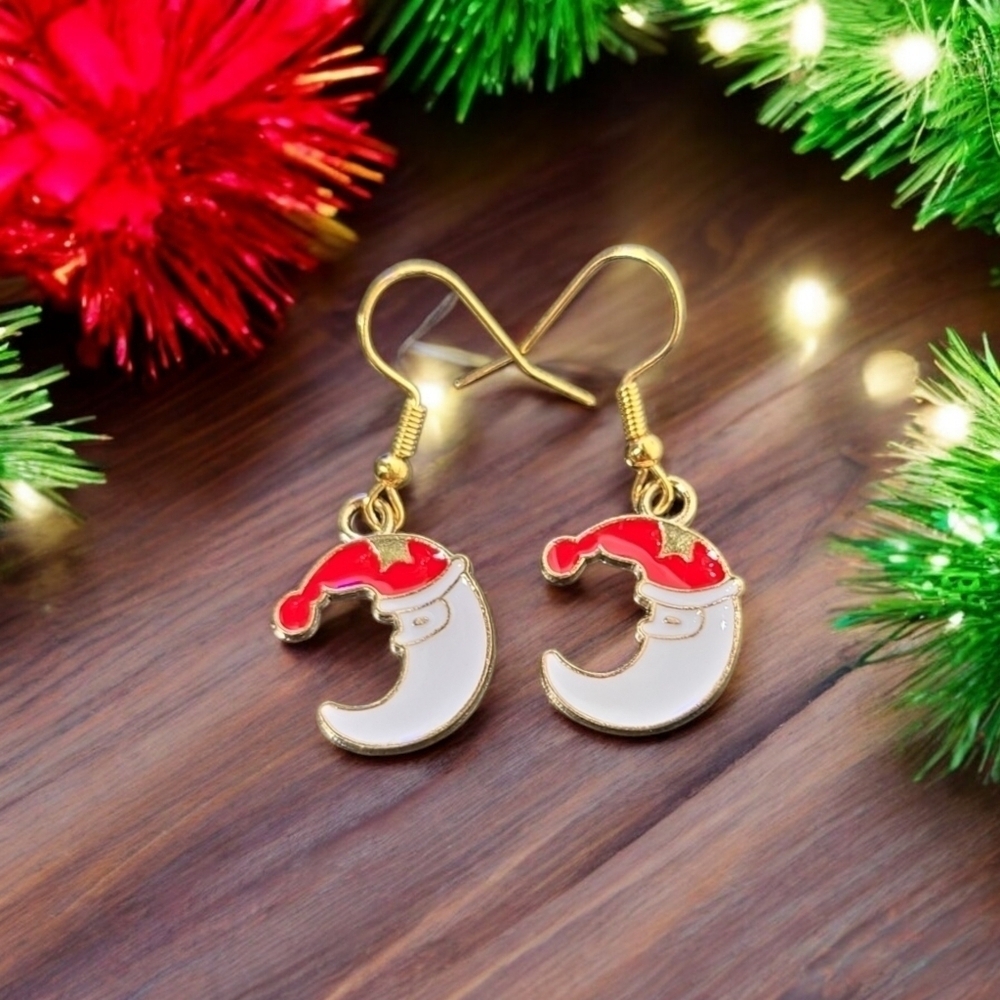 Santa Crescent Moon Holiday Festive Dangle Earrings